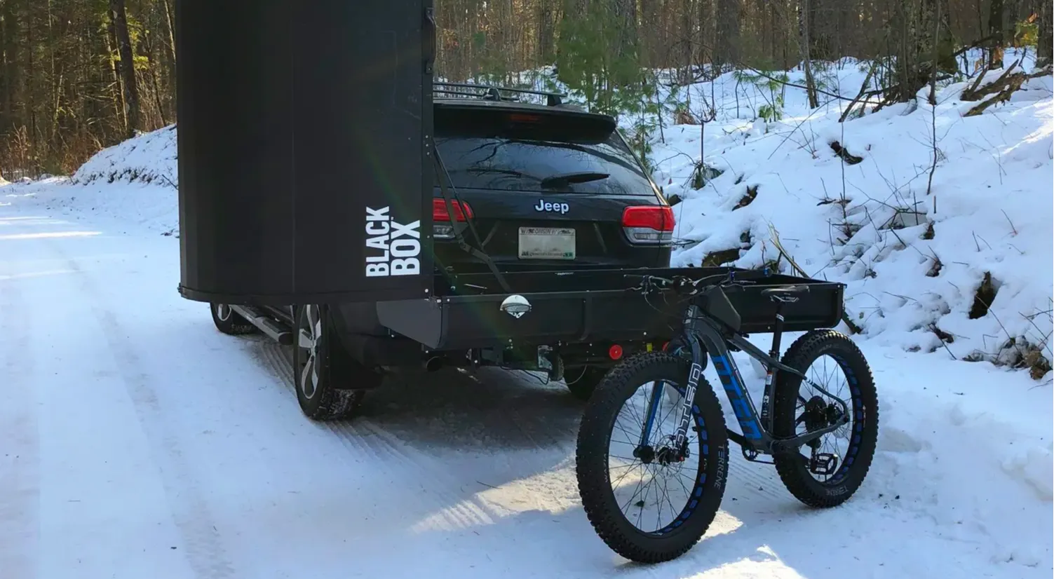 BlackBox Cargo Carrier with Downhill bikes in snow